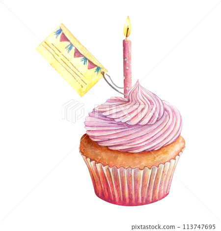 Cupcake muffin candle watercolor drawing invitation. Label card fruit cream. Cake bakery light dessert illustration. Birthday pastry aquarelle flame fire isolated white background. Whipped butter pink Cupcake muffin candle watercolor drawing invitation. Label card fruit cream. Cake bakery light dessert illustration. Birthday pastry aquarelle flame fire isolated white background. Whipped butter pink 113747695