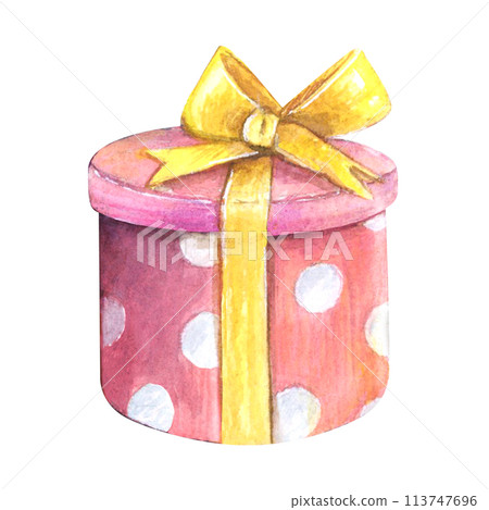 Present box watercolor drawing gift birthday. Anniversary holiday round hat object yellow bow dotted. Decoration pink red ribbon isolated white background. Aquarelle party greeting wrapped. Sale shop  113747696