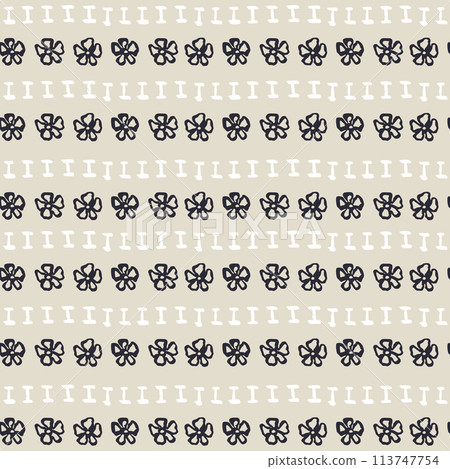 Monochrome dark blue and beige seamless pattern with sketchy shapes and flowers 113747754