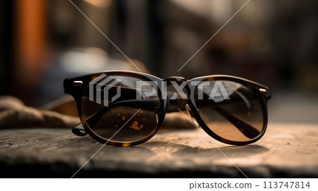 Fancy trendy modest black color dark lens man or woman fashionable attractive sun glasses at the city background outdoor. Good for concept image. Fancy trendy modest black color dark lens man or woman fashionable attractive sun glasses at the city background outdoor. Good for concept image. 113747814