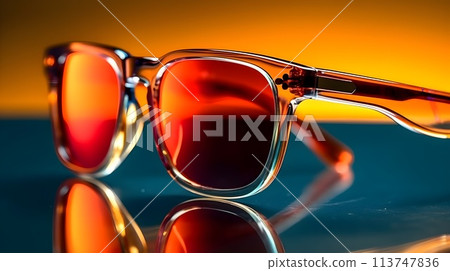 Fancy trendy modest red color dark lens man or woman fashionable attractive sun glasses at the studio shot yellow background. 113747836