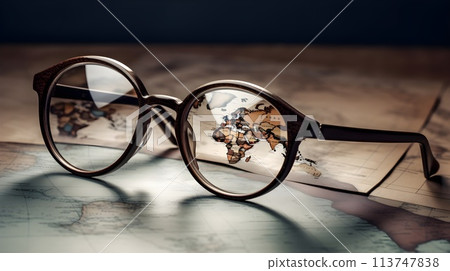 Classic brown color transparent lens man or woman fashionable attractive reading glasses and a maps of africa. 113747838