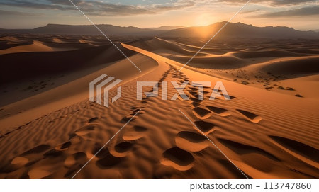 Landscape of a hot desert with sandy wave and a trail in the evening good for concept. 113747860