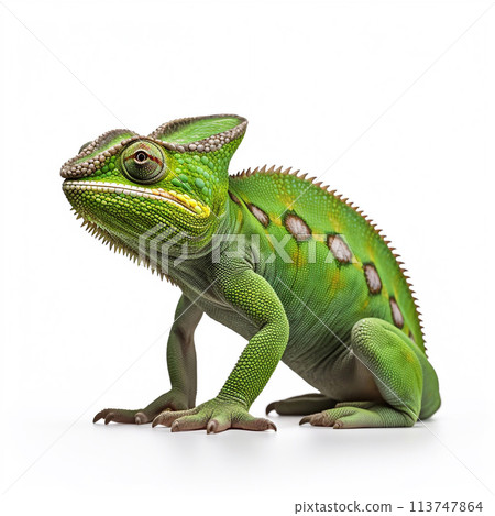 Beautiful big wild chameleon looking forward is shown in full length, Ai generated 113747864