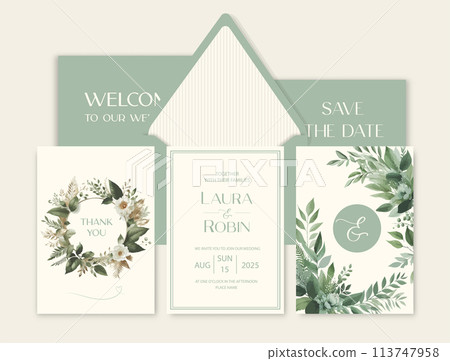 Luxury wedding invitation card background with watercolor flower and botanical leaves. 113747958