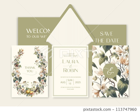 Luxury wedding invitation card background with watercolor flower and botanical leaves. 113747960