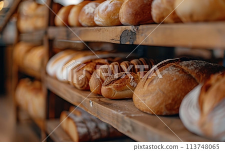 A bountiful display of artisanal breads on sturdy wooden shelves, showcasing a tantalizing array of fresh-baked loaves and pastries in a cozy bakery setting. 113748065
