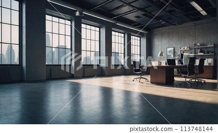 Creative modern white and gray open space office interior. Office background. Copy space. Concrete background Creative modern white and gray open space office interior. Office background. Copy space. Concrete background 113748144