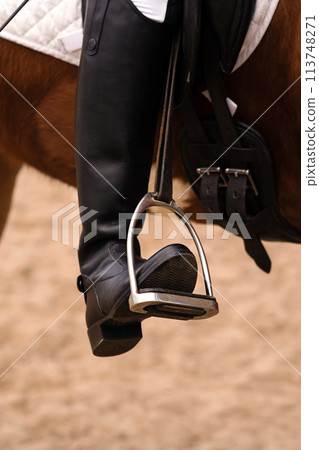 Rider's foot secured in stirrup, detailed view. Rider's foot secured in stirrup, detailed view. 113748271