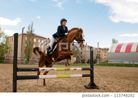 Rider jumping horse over obstacle, equestrian sport. 113748282