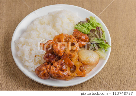 Sweet and sour chicken with rice Sweet and sour chicken with rice 113748757