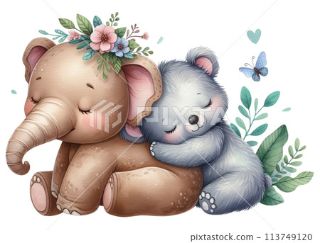 Bear sleeping on elephant's back 113749120
