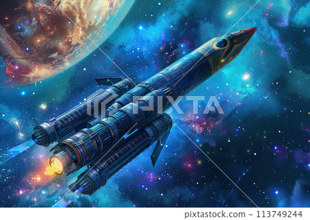 Generative ai on theme of beautiful space rocket in sky, bright meteorites glow in atmosphere Generative ai on theme of beautiful space rocket in sky, bright meteorites glow in atmosphere 113749244