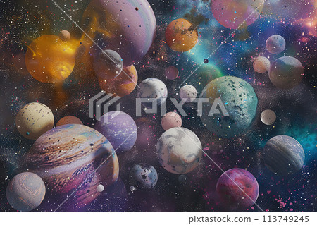 Generative ai on theme of parade of planets in solar system, bright stars glow in atmosphere 113749245