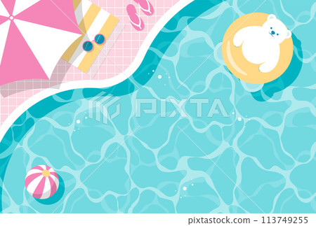 Background illustration of a polar bear wearing a swim ring floating in a summer pool 113749255
