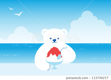 Background illustration of a polar bear eating shaved ice on the beach in summer 113749257