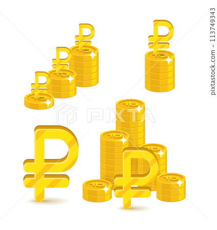 Piles gold rubles isolated cartoon set Piles gold rubles isolated cartoon set 113749343