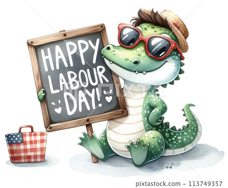 Crocodile holding a sign labour day Crocodile holding a sign labour day 113749357