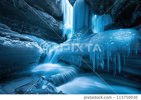 Generative ai on theme of entrance to blue ice cave covered with white snow inside a huge glacier 113750030