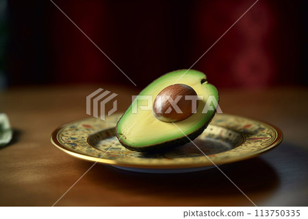 Juicy delicious avocado lies on a beautiful plate, Ai generated Juicy delicious avocado lies on a beautiful plate, Ai generated 113750335