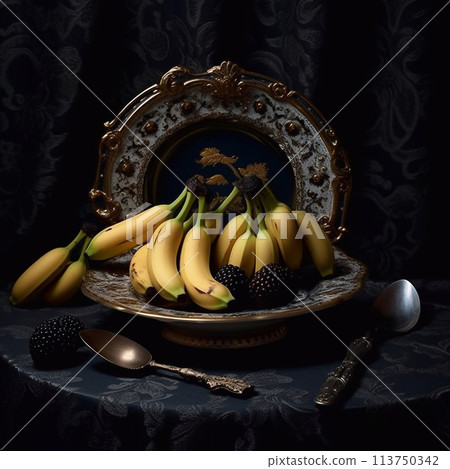 Juicy delicious banana lies on a beautiful plate, Ai generated 113750342