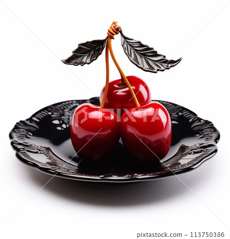 Juicy delicious cherry lies on beautiful plate, Ai generated 113750386