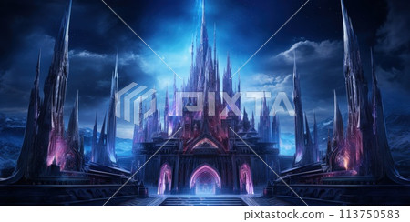 Gothic castle in a futuristic setting, with neon lights accentuating gothic arches and spires 113750583