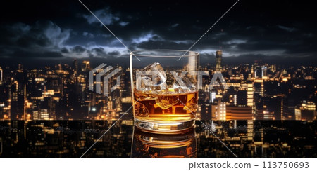 Glass of whiskey, the golden liquid swirling within, set against a background of an urban skyline at night Glass of whiskey, the golden liquid swirling within, set against a background of an urban skyline at night 113750693