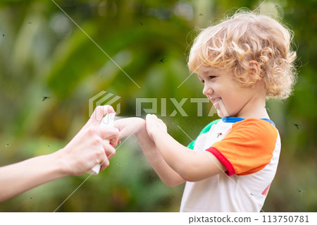 Mosquito on kids skin. Insect bite repellent. 113750781
