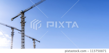 Construction industry building. Construction industry site with cranes, fittings and concrete. 113750871