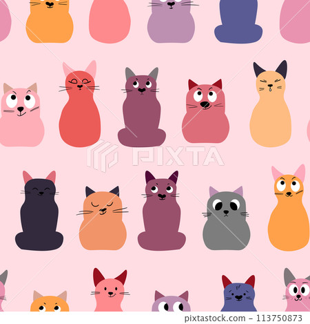 Seamless pattern with cute kitten print. Different scandy cats on color background. Scandinavian style illustration for kids. Vector illustration for fabric, textile, wallpaper, home clothing, pajama 113750873