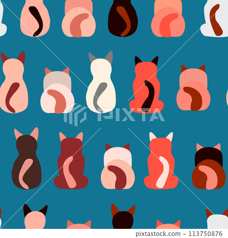 Seamless pattern with cute kitten print. Different scandy cats on color background. Scandinavian style illustration for kids. Vector illustration for fabric, textile, wallpaper, home clothing, pajama 113750876