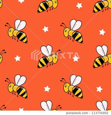 Seamless pattern with bees on color background. Small wasp. Vector illustration. Adorable cartoon character. Template design for invitation, cards, textile, fabric. Doodle style 113750892