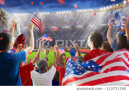 USA team supporter on stadium. American fans. 113751190