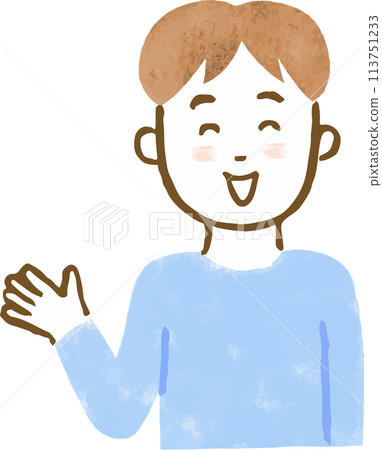 手繪上半身插圖,一個男人微笑著,擺出「請」的姿勢 手繪上半身插圖,一個男人微笑著,擺出「請」的姿勢 113751233