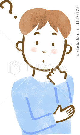 Illustration of a man's upper body with his hand on his cheek and a question mark floating above his head 113751235