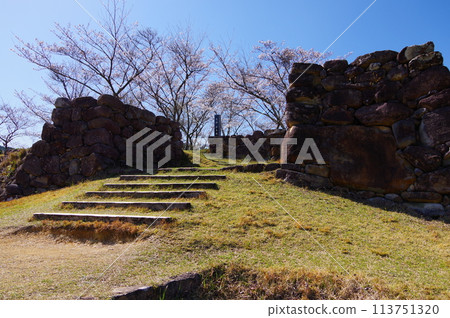Spring scenery at the ruins of Akagi Castle, one of the 100 most famous castles in Japan, located in Kiwa-cho, Kumano City, Mie Prefecture 113751320
