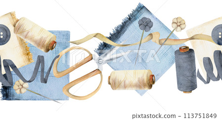 Hand drawn watercolor illustration sewing craft supplies. Fabric scissors snaps, wooden buttons ribbon lace, indigo beige. Frame isolated on white background. Design atelier, tailor, hobby shop Hand drawn watercolor illustration sewing craft supplies. Fabric scissors snaps, wooden buttons ribbon lace, indigo beige. Frame isolated on white background. Design atelier, tailor, hobby shop 113751849