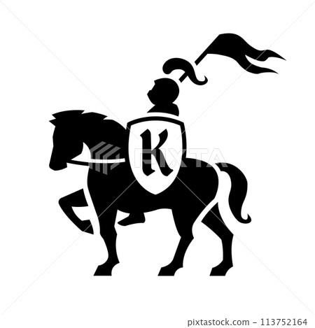 Knight riding a horse with a shield and flag logo. 113752164