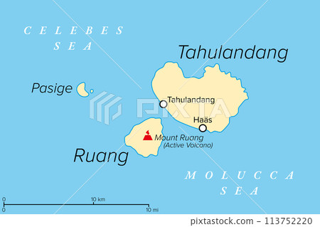 Ruang, an active Indonesian volcanic island, political map. The southernmost stratovolcano in the Sangihe Islands arc, North Sulawesi, Indonesia. Located southwest of the nearby island Tahulandang. 113752220