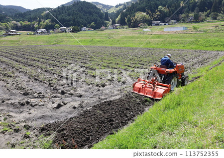 Plow rice field with tractor 113752355