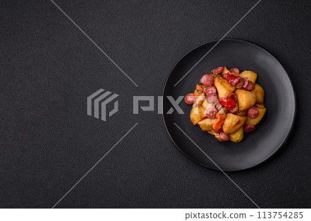Grilled potatoes cut into slices with hunting sausages with garlic, onion Grilled potatoes cut into slices with hunting sausages with garlic, onion 113754285