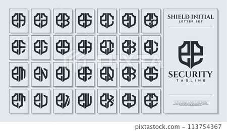 Set of geometric shield lowercase letter E EE logo design Set of geometric shield lowercase letter E EE logo design 113754367