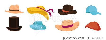 Summer hat collection vector. Cap, panama hat for women, men, 113754413