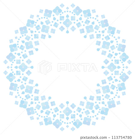 A circular frame with the image of blue hydrangeas and rain 113754780