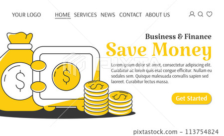 Money bag with cash, safe with money, stack of coins. Saving money creative concept. Business and finance template for website. For banner, landing page. Vector illustration, flat style Money bag with cash, safe with money, stack of coins. Saving money creative concept. Business and finance template for website. For banner, landing page. Vector illustration, flat style 113754824