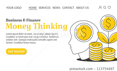 Silhouette of a head, a stack of coins and a growing money tree. Money thinking creative concept. Business and finance template for website. For banner, landing page. Vector illustration, flat style 113754897