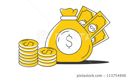 Money bag with cash and stack of coins. Manage money creative concept. Business and finance vector illustration, flat style. For banner, poster, sticker, icon, advertisement Money bag with cash and stack of coins. Manage money creative concept. Business and finance vector illustration, flat style. For banner, poster, sticker, icon, advertisement 113754898