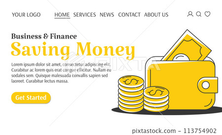 Wallet with cash and stack of coins. Saving money creative concept. Business and finance template for website. For banner, landing page. Vector illustration, flat style 113754902