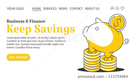 Piggy bank standing on coins. Money creative concept. Keep savings. Business and finance template for website. For banner, landing page. Vector illustration, flat style 113754904